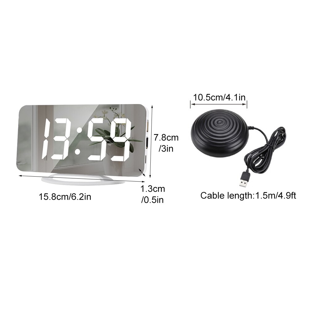 2 USB Ports Loud Digital Alarm Clock Heavy Sleeper Vibrating LED Mirror Home Office Adjustable Brightness With Bed Shaker