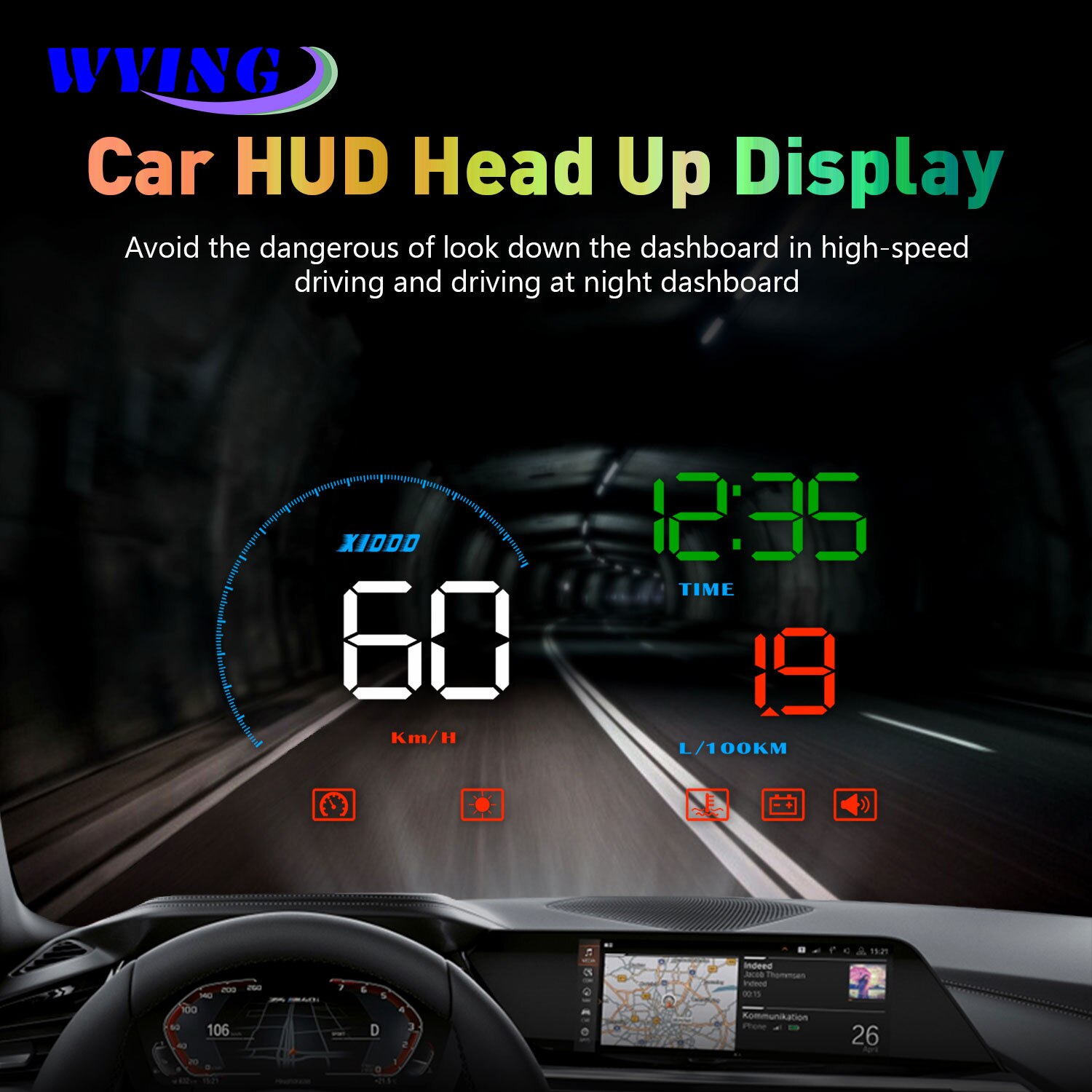 WYING Affichage Tête Haute Voiture OBDII EUOBD Pare-Brise Projecteur HUD Changement Rappel Temp D'eau TR/MIN consommation alarme de vitesse