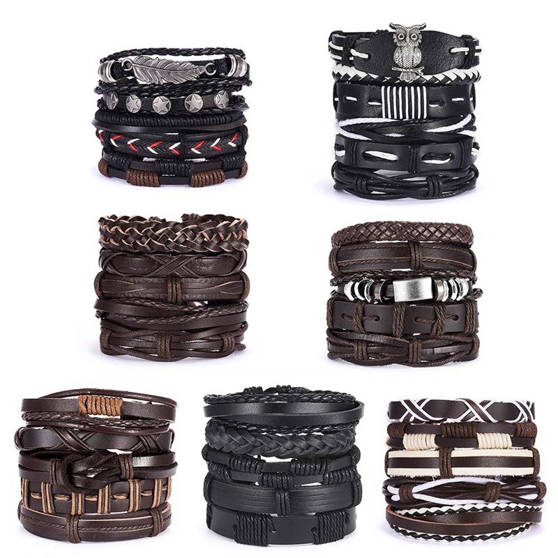 Pulseras trenzadas de cuero multicapa para hombre, brazaletes de cuerda hechos a mano, con forma de búho, hoja y estrella, para