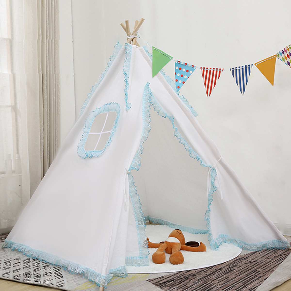 1.3M-1.6M Baby Tents Teepee Triangle Tent Kids Playhouse Cotton Canvas Pretend Play Tent Decoration Game House Boy Girls: Bluewhite / 1.3M