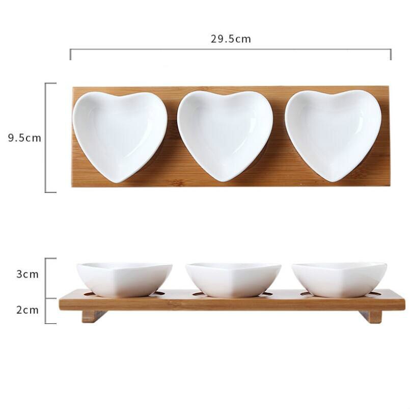 3 unids/set plato de salsa de cerámica, cojín de bambú, plato de inmersión para el hogar, sal de soja, azúcar, salsa, organizador de condimentos, tarros de especias: Heart
