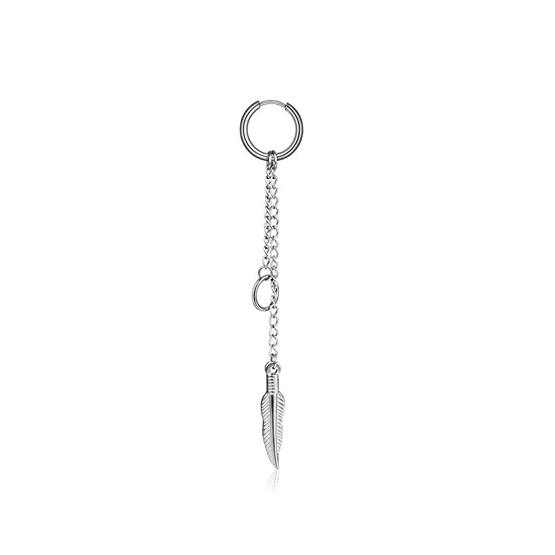 Pendientes de aro con bisagras para hombre, aretes colgantes de acero inoxidable, aretes colgantes de cadena larga con pluma L, 1 pieza: Color amarillo dorado claro