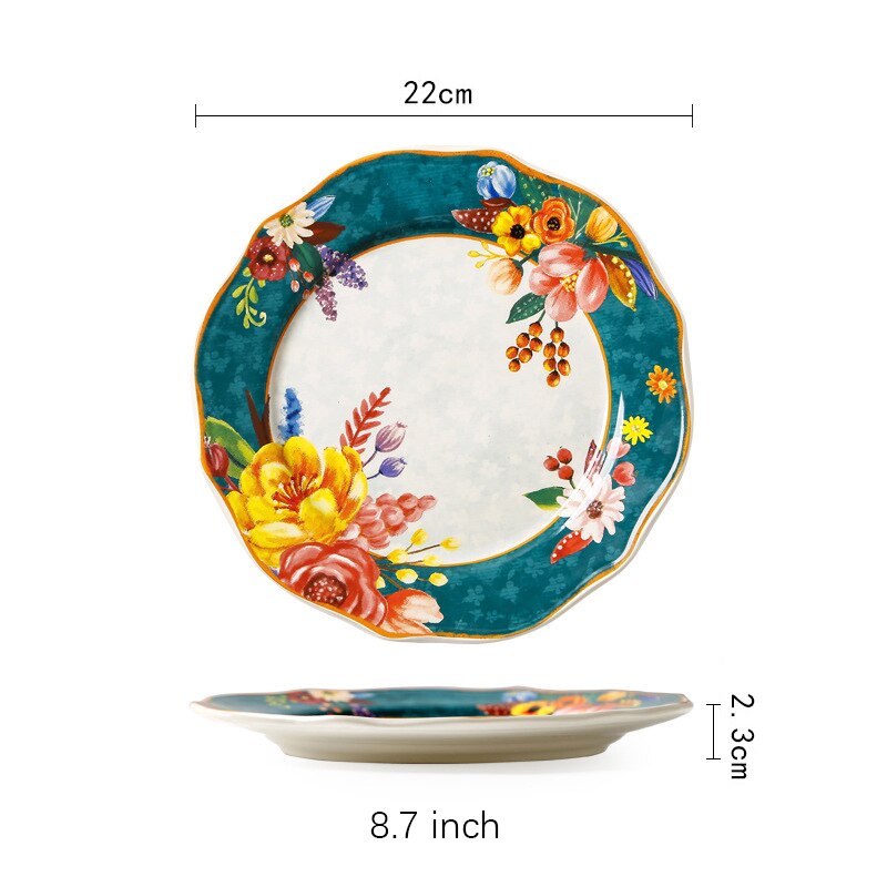 Blommig keramisk mattallrik blomform tallrik set guldinläggningsfat och tallrikar för hemmet servisset servis som serverar retro: Grön