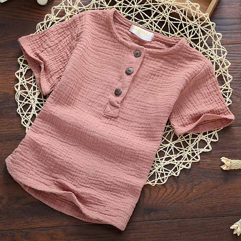 3-7 Jaar Linnen Katoen Baby Boy T-shirt Meisje Zomer T Shirts Comfortabele Tops Tees Kinderkleding Kinderen button Shirt: Pink / 7T