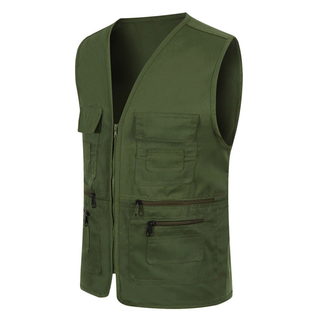 Unisex Multi-Pocket Solid Color Waistcoat Work Fishing Photography Vest Jacket: Army Green