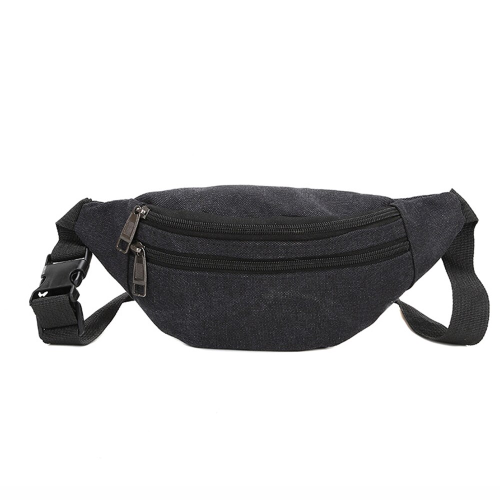 Riñonera informal de lona para hombre y mujer, bolso de cintura funcional Unisex, Bolsa duradera para teléfono móvil, bolso cruzado práctico con doble cremallera: B-black