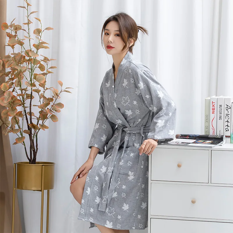 Katoenen Badjas Voor Dames Nachtkleding Dun Lente En Herfst Lange Mouw Yukata Absorberende Sneldrogende Badjassen: XL / Beige