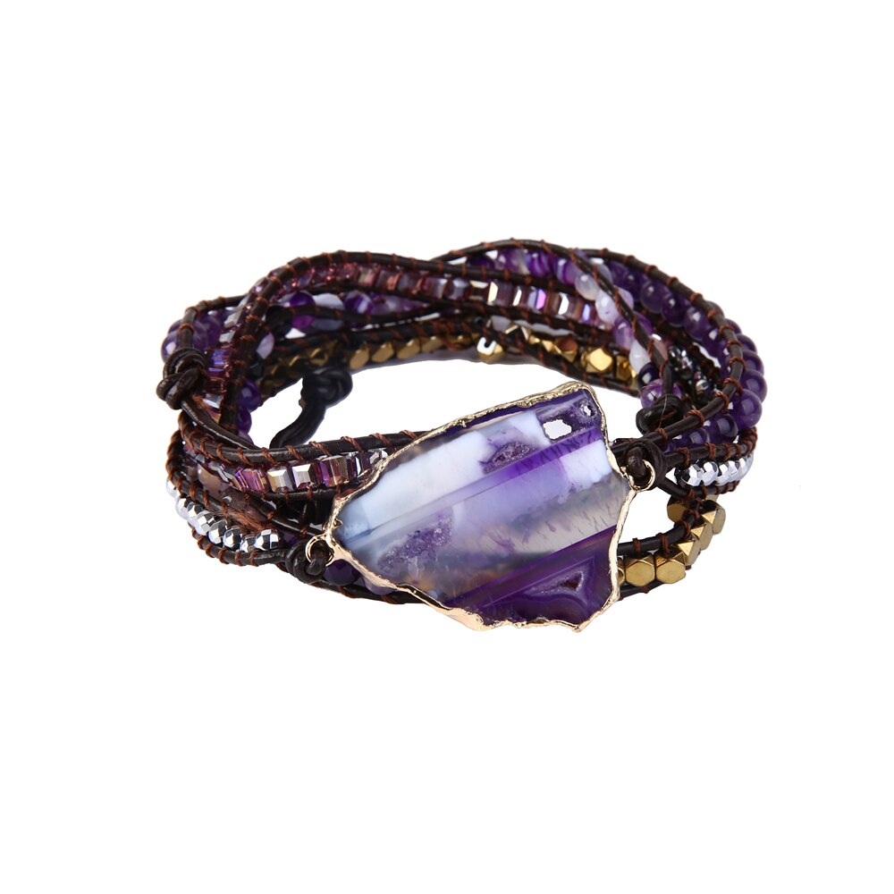 Bohemian Kralen Natuursteen Armband Ovale Cuboid Power Stone Hand Geweven Lederen Armband Vrouwen Armband Op Hand: BEAD007