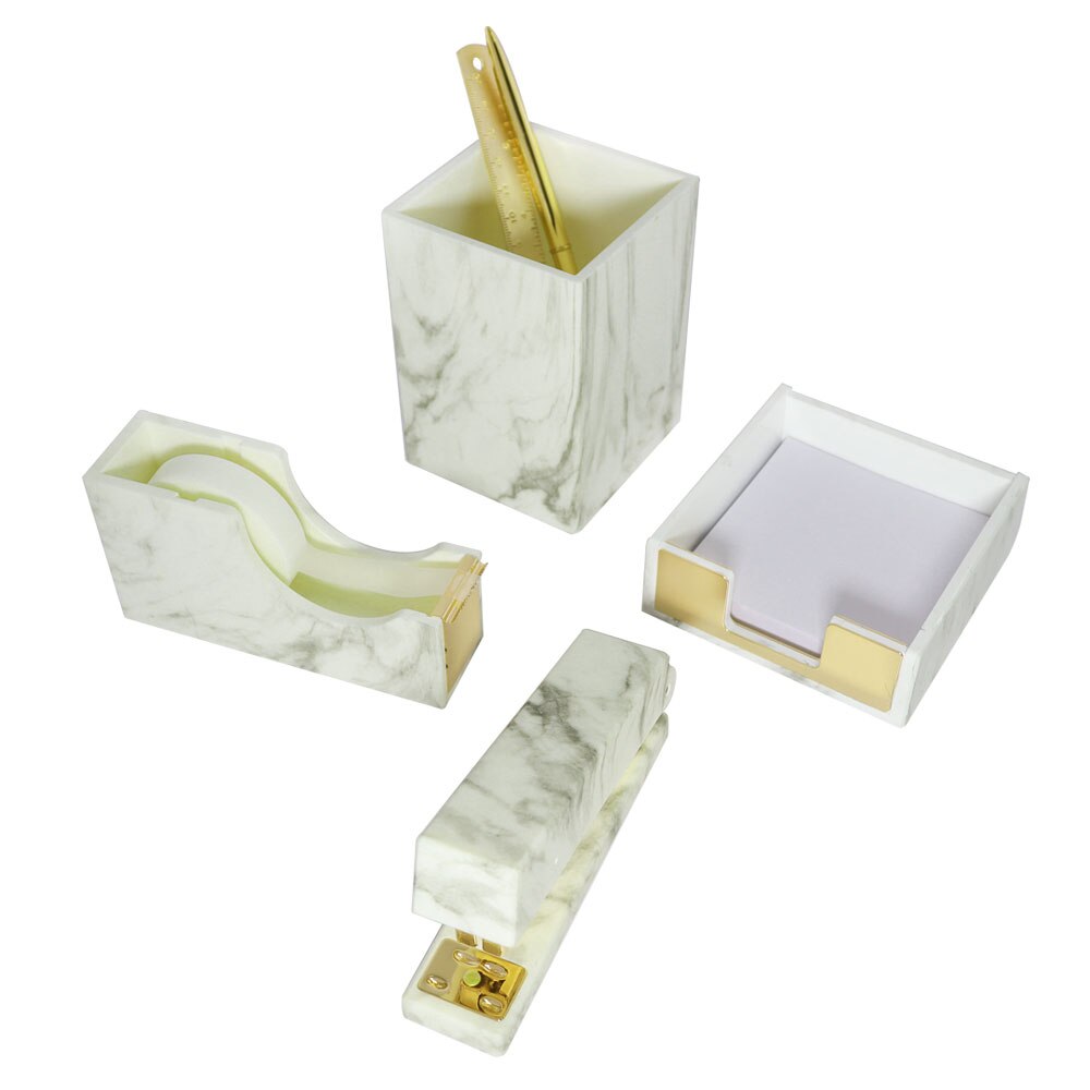 Marble Gold Desk Accessories Organizer Set Tape Dispenser Stapler for Desk Sticky Notes Holder Pencil Pen Holder Office Supplies