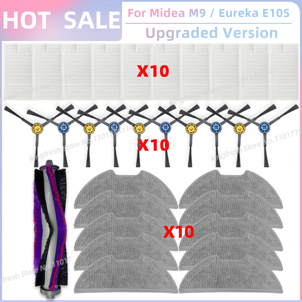 Compatible con ( Midea M9, Eureka E10S, Eureka E20 Plus, Midea VCR S10 Plus, Obode A8 ) Piezas de aspiradora Rodillo principal Cepillo lateral Filtro HEPA Paño de limpieza: Oro