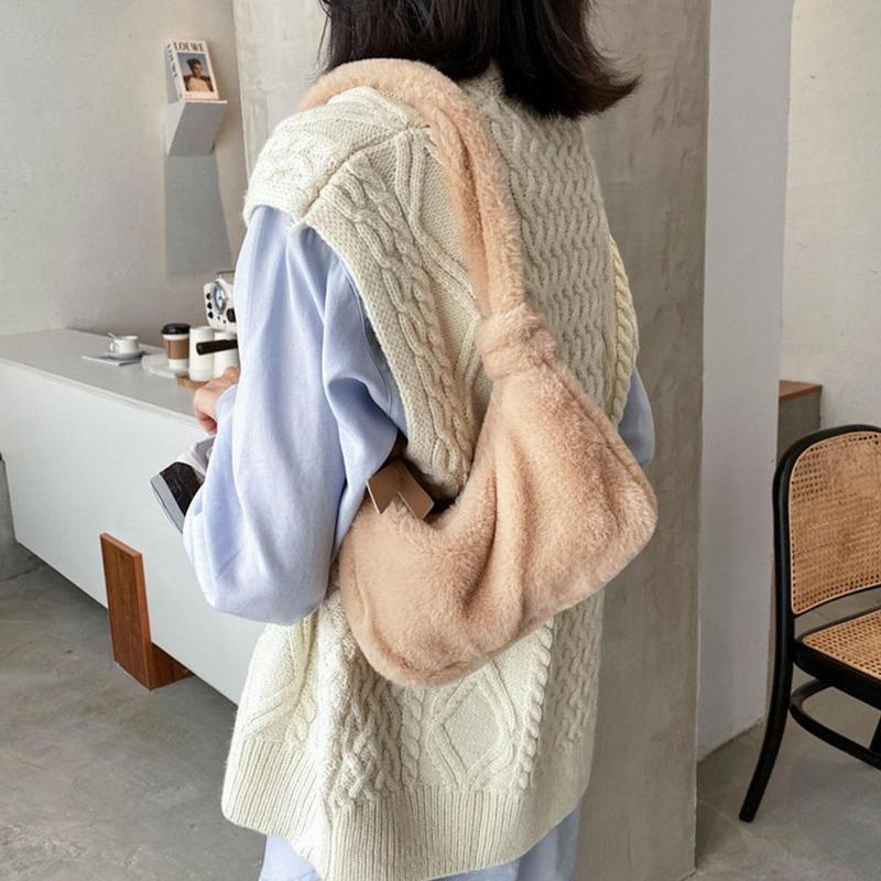 Mode Pluizige Schoudertassen Voor Vrouwen Solid Warme Zachte Vrouwelijke Handtas Herfst Zak Zakken Onderarm Pluche Winter Kleur Bont j2G5