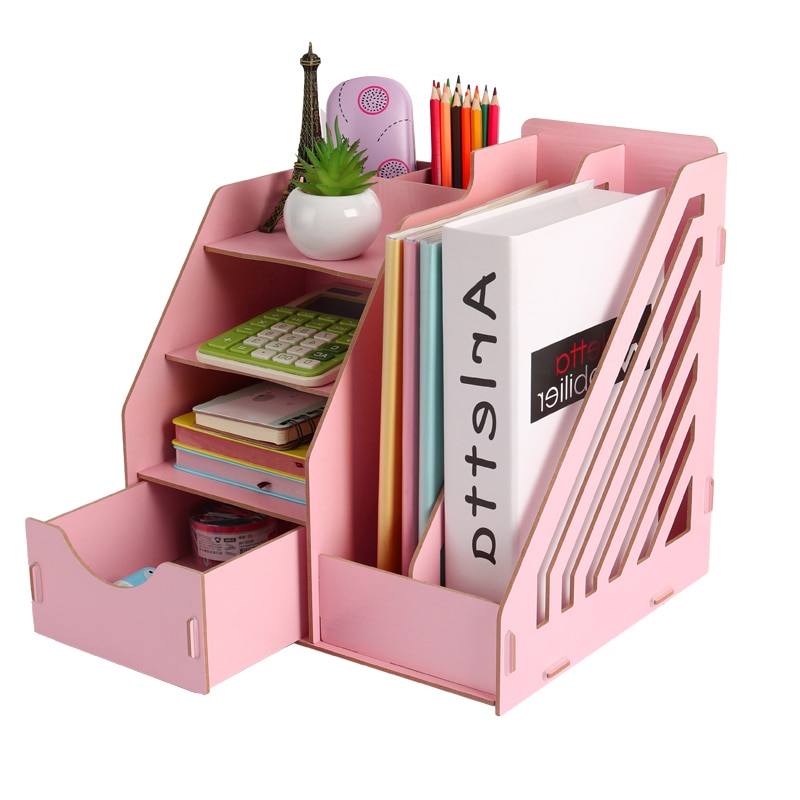 Wood Stationery Holders Multi Use Desktop Storage Paper Holder Stationery Organizer With Drawer Rack Office School Supplies