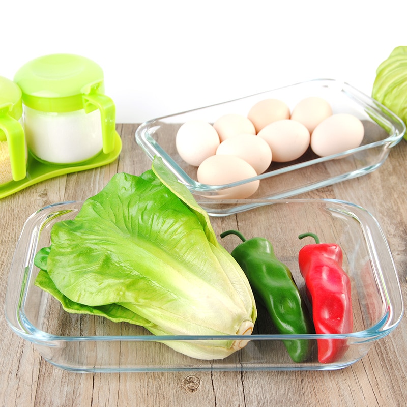 Platos de vidrio templado oblongo transparente para hornear, herramienta antiadherente para cocina, bandeja para queso y arroz