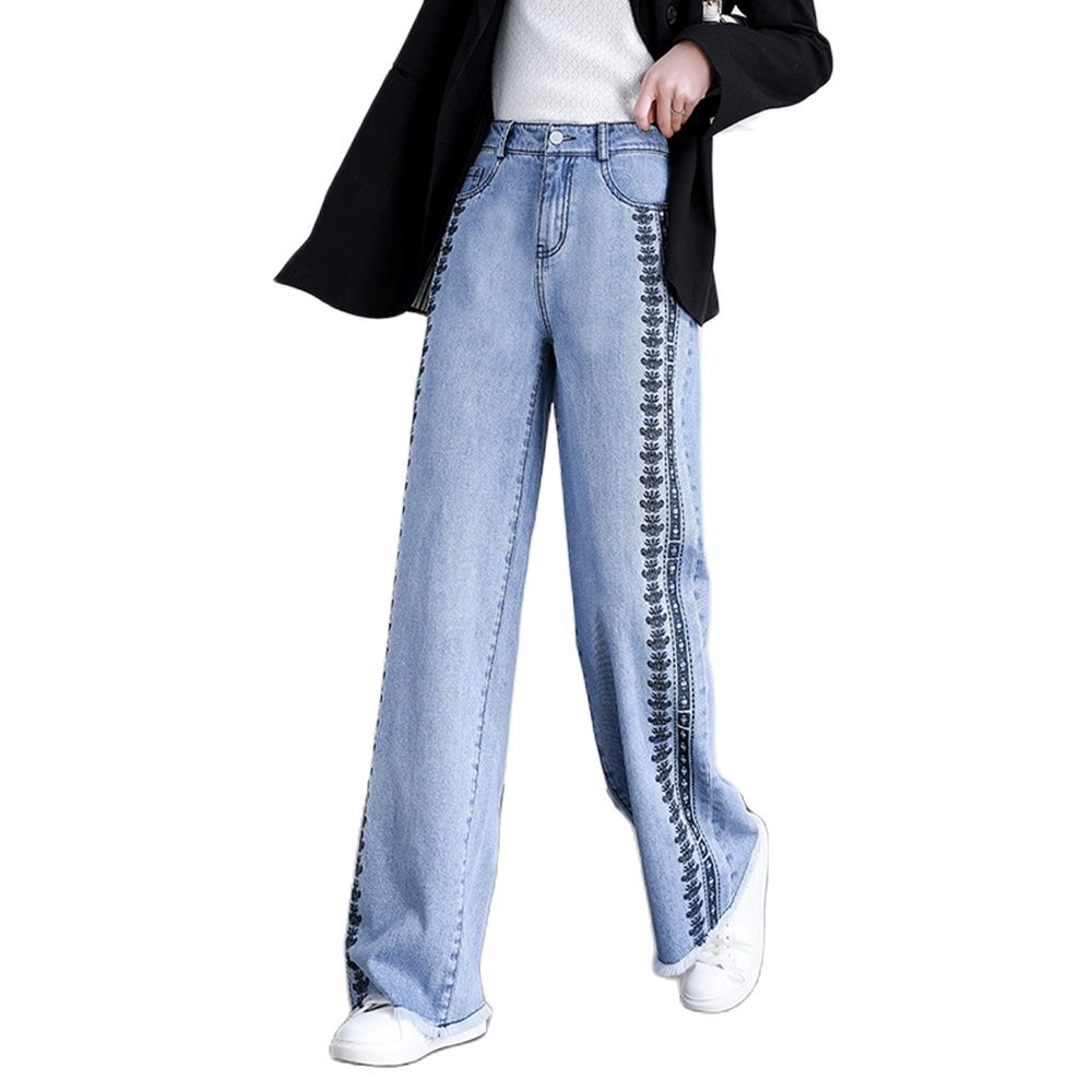 Pantalones vaqueros de pierna ancha con bordado para mujer, Vaqueros holgados de talla grande con borde suave en bruto, cintura Extra larga, 2022