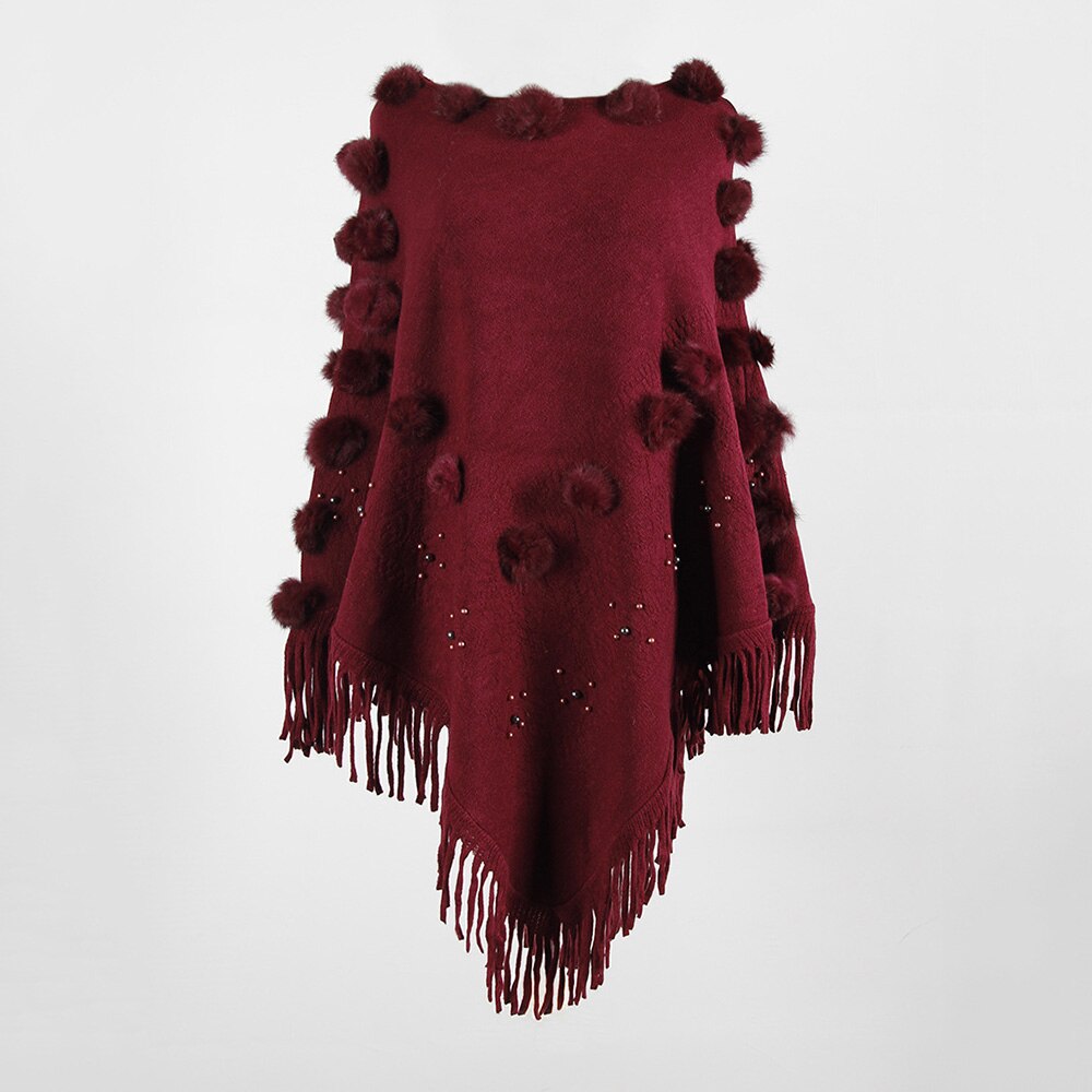 Cape Poncho pour femmes, col rond, avec pompon tricoté, Capes solides, manteau , Cape, châle, automne: Rouge