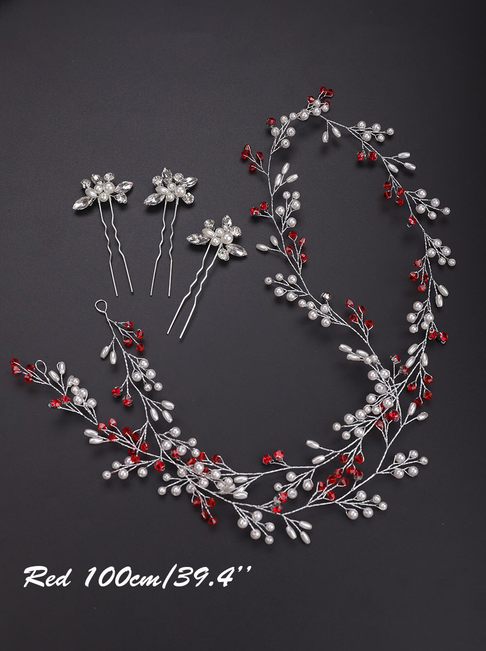 Enredadera para el cabello de perlas con diamantes de imitación para mujer, diadema nupcial larga, accesorios para el cabello para novia y dama de honor (100cm/39,3 pulgadas): Rojo
