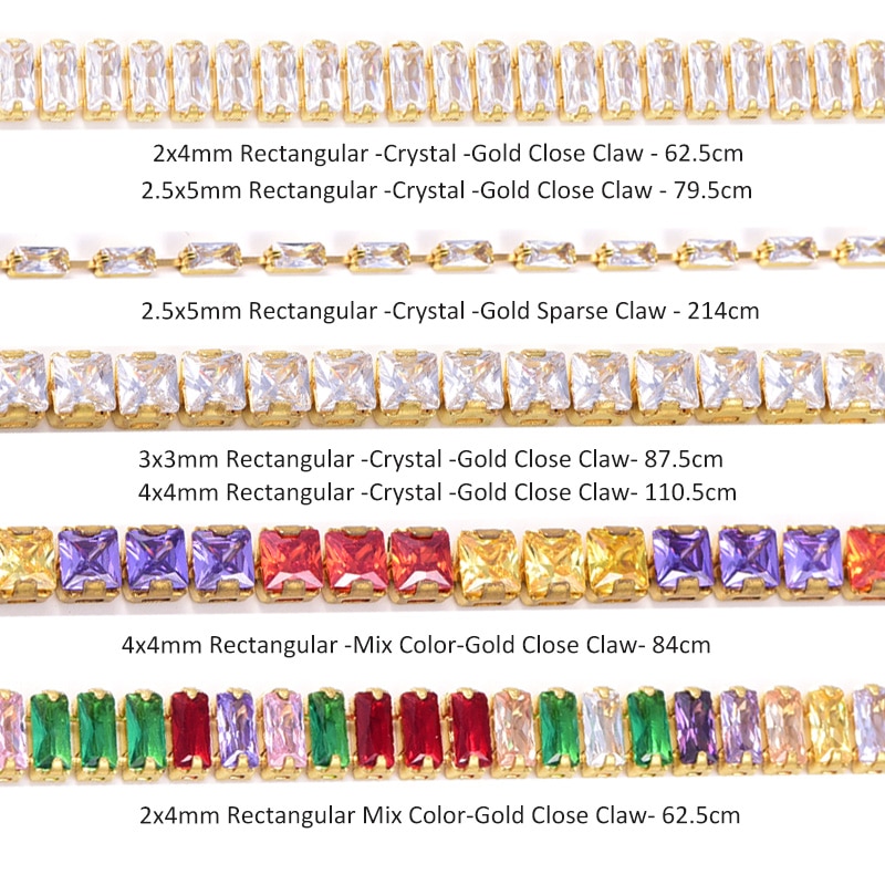 250Pcs/Strip Vierkante Rechthoekige Стразы K9 Glas Strass Ketting Kristal Strass Gouden Base Steentjes Cup Trimmen A03