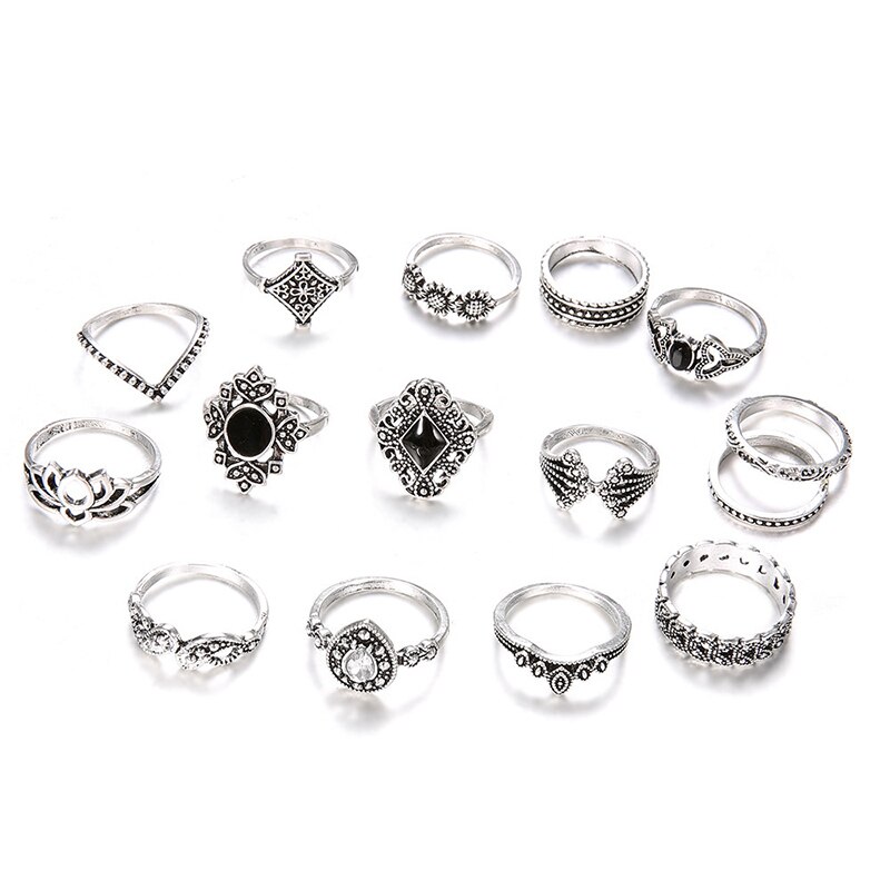 15 teile/satz Böhmischen retro Ringe Kristall Blume Geometrischen Hohl Lotus Edelstein Silber Ring einstellen Frauen Hochzeitstag