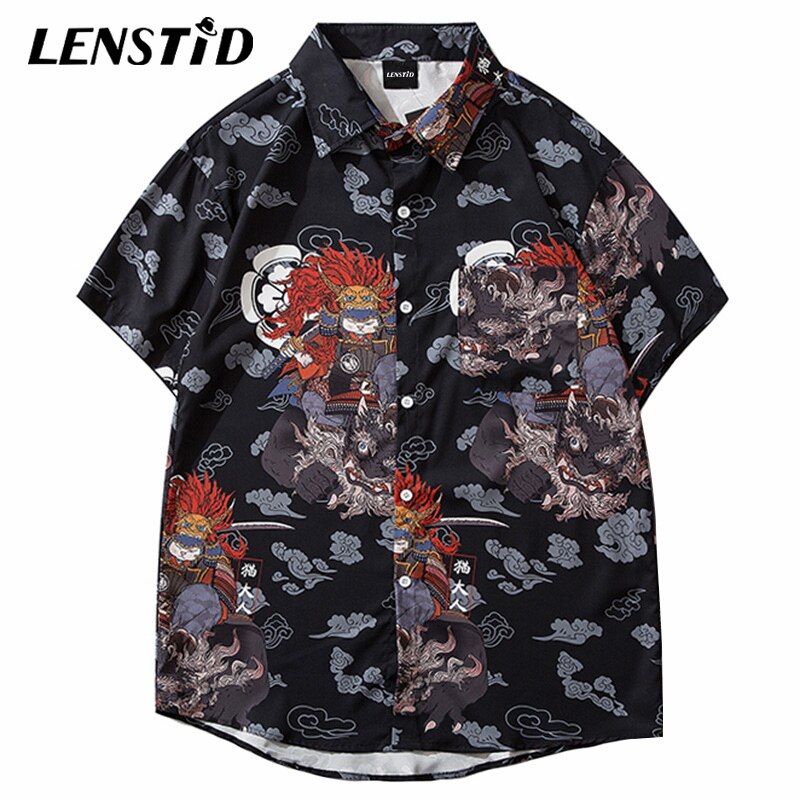 LENSTID Men Hip Hop Cat Samuri Printed Hawaiian Shirt Harajuku Streetwear Beach Shirt Summer Short Sleeve Thin Aloha Shirts