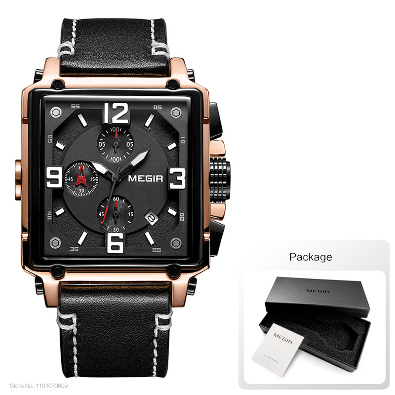 Megir herre firkantede quartz armbåndsur ur militær sports casual kronograf stopur læder relogios maskuline 2061 brun: Lyserød