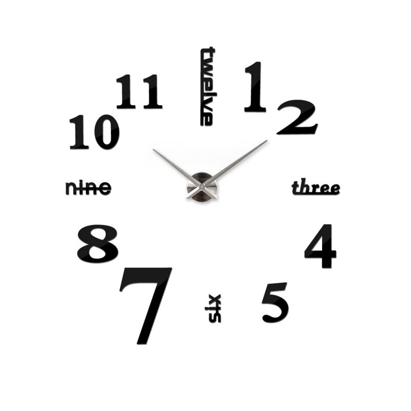 Large Wall Clock Quartz 3D DIY Big Watch Decorative Kitchen Clocks Acrylic Mirror Sticker Oversize Wall Clocks Home Letter Decor: Black silver center / 37inch