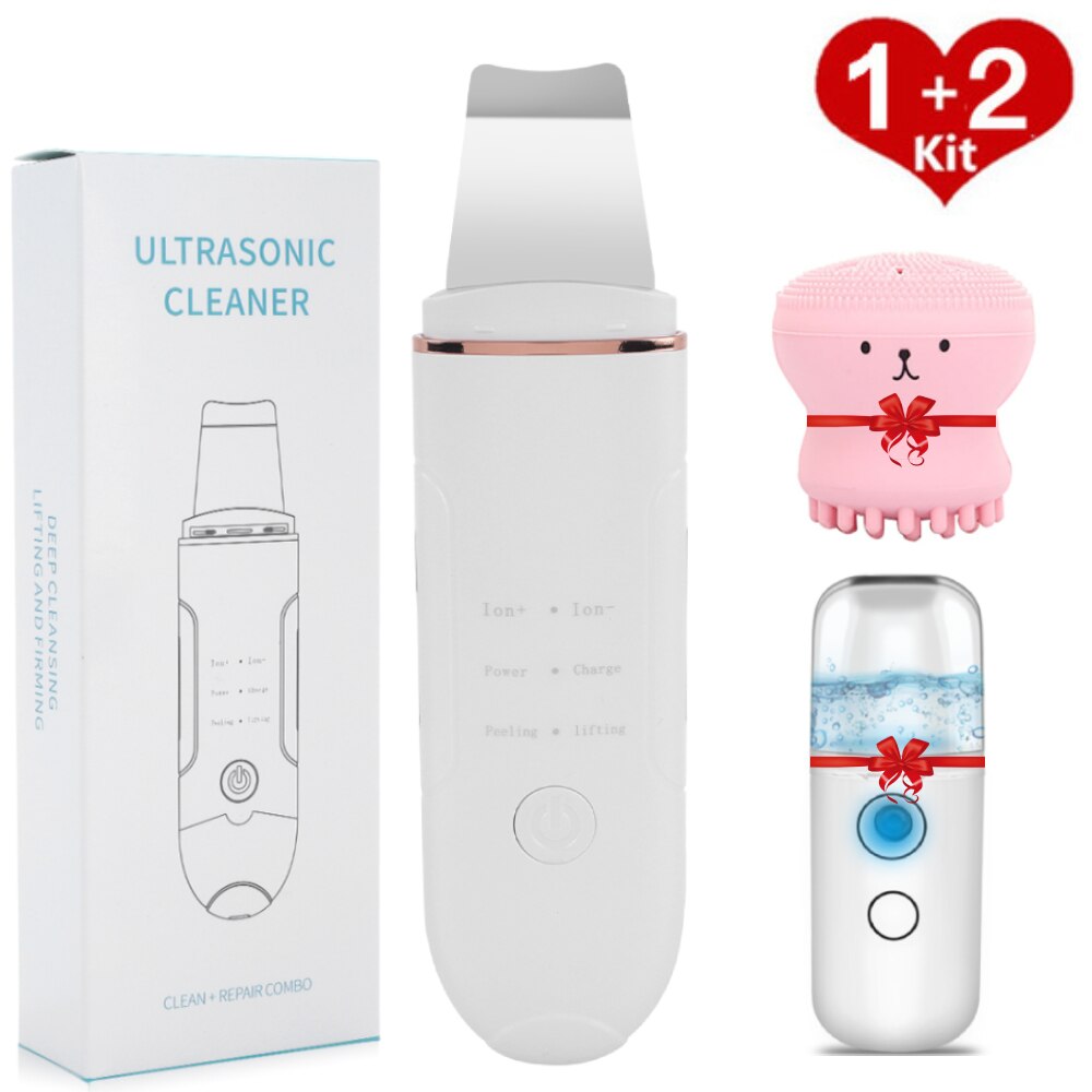 Mode Ultrasone Huid Scrubber Diepe Gezicht Schoner Apparaat Gezicht Comedondrukker Met Gezicht Cleaner Brush Gezicht Mini Spray: white set