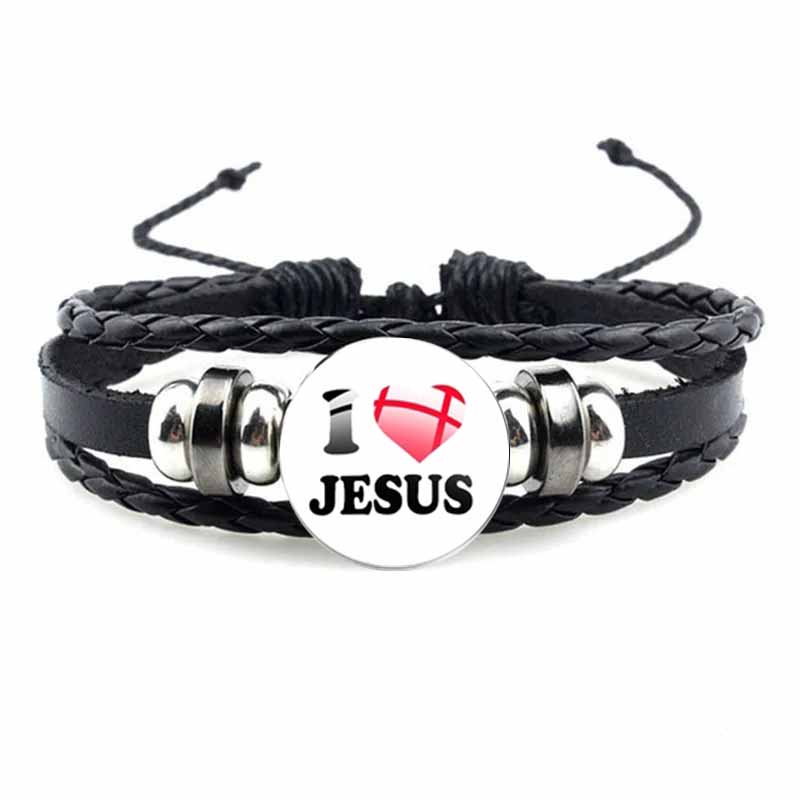 Bracelet avec symbole chrétien de poisson de jésus, bijou en verre fait à la main, Punk, en cuir tissé noir, bijoux manchette pour hommes et femmes