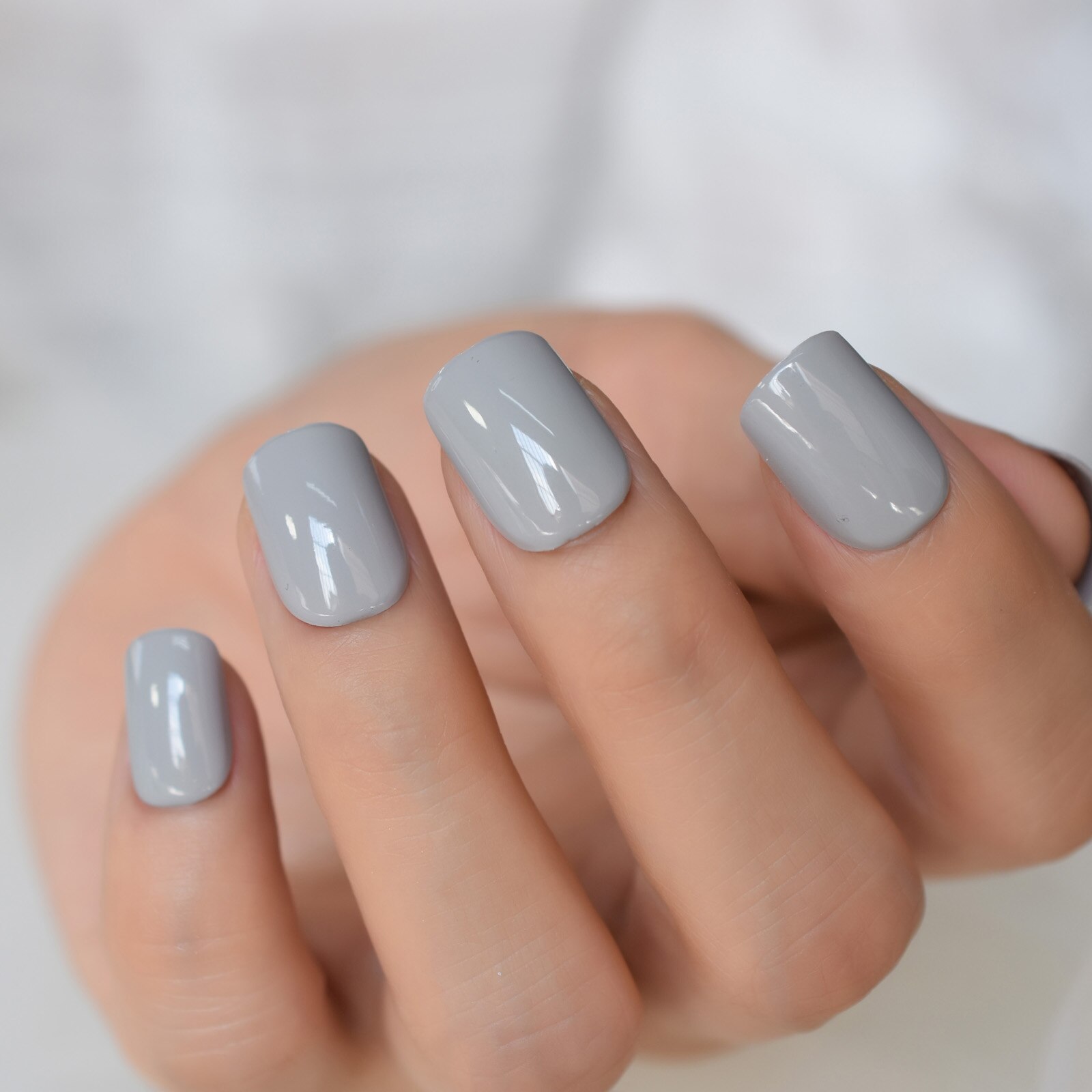 Faux Ongles à pression, brillant, haute luminosité, couverture complète, gris clair, couleur unie, manucure, avec onglets de colle