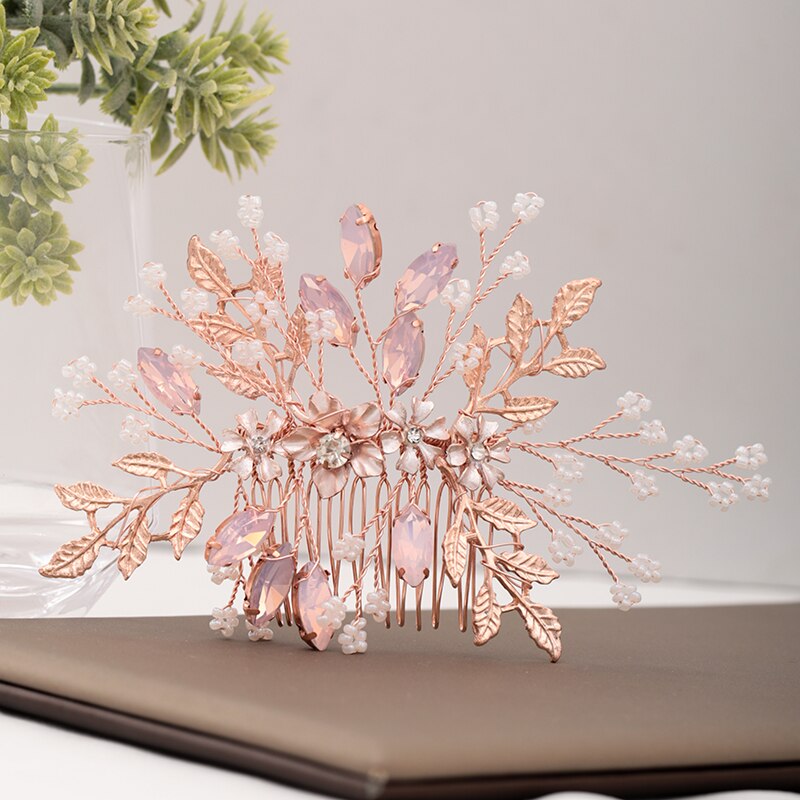 Rose Gold Wedding Hair Accessories Ladies Hair Comb Rhinestone Flower Headdress Bride Hairpin Handmade Prom Tiara Accessories