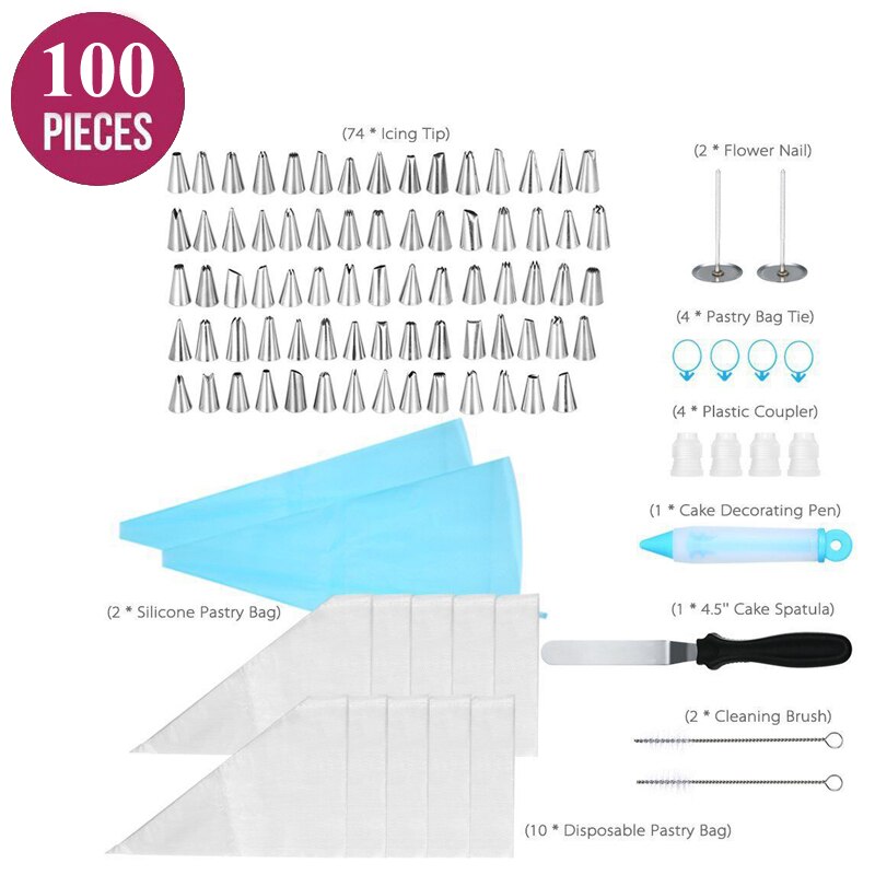 Cake Decorating Set Piping Nozzles Tips Pastry Scraper Converter Silicone Cream Bag DIY Cupcake Dessert Baking Supplies Kit: 100 PCS