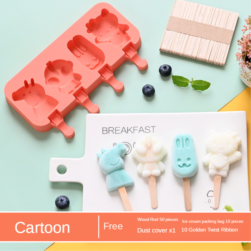 Cute DIY Ice Cream Mold Kit with 50 pcs Wood Sticks Food Grade Silicone Ice Tray Ice Cream Maker for Kitchen Supplies: F-50sticks