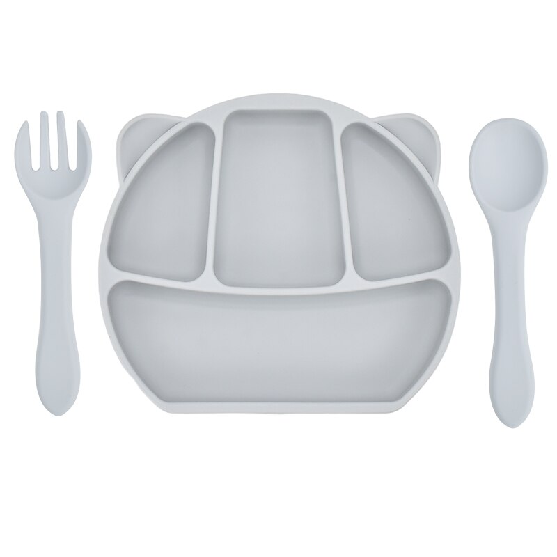 Baby Feeding Plate Food Grade Silicone Animal Type Suction Baby Plate BPA Free Waterproof Kid Tableware Plate Children Dishes: 1set Grey