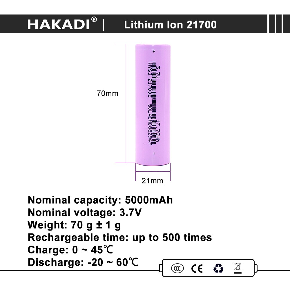 HAKADI 3,7 V 21700 5000mah lithium-ionen high-power batterie, geeignet für energie lagerung von elektrische werkzeuge, elektrische s