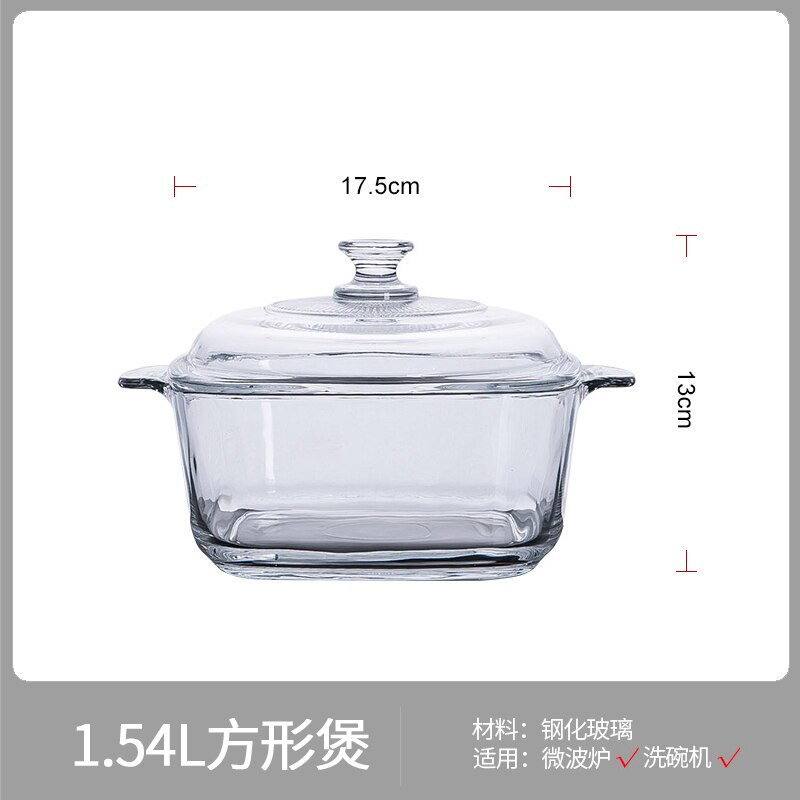 Material förtjockad fast värmebeständig härdat glasgryta med lock lämplig för kallt och transparent kökshushåll: 1540ml- transparent