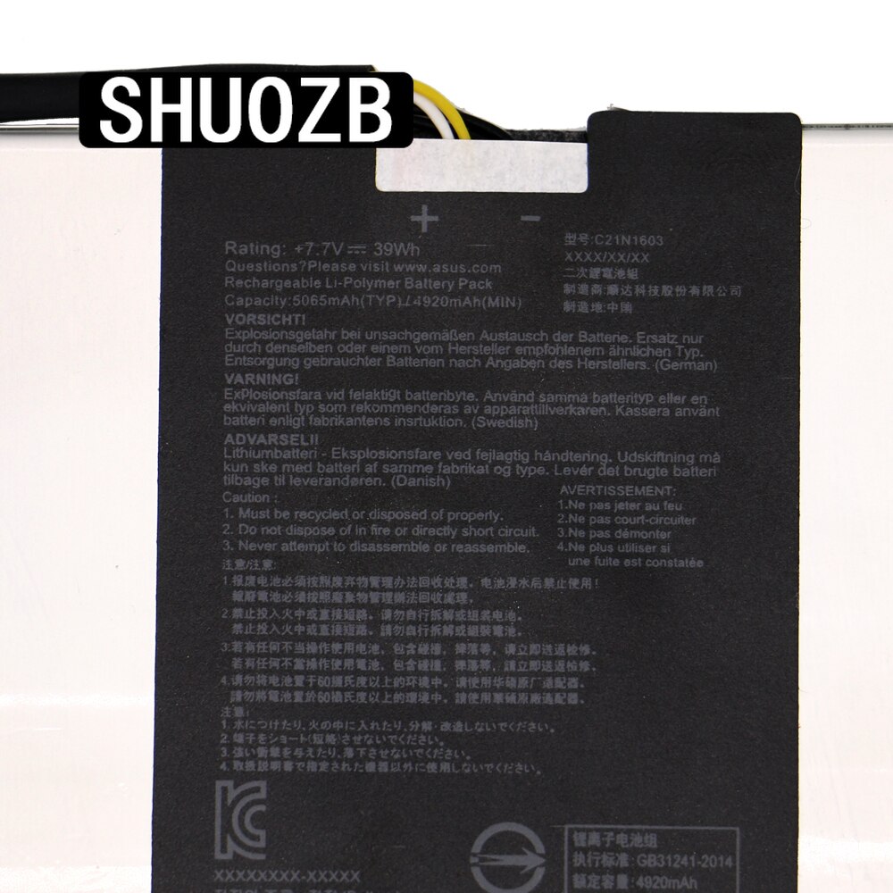 C21N1603 Laptop Battery For Asus Transformer 3 Pro T303UA T303UA-0053G6200U T303UA-GN050T 7.7V 5000mAh SHUOZB