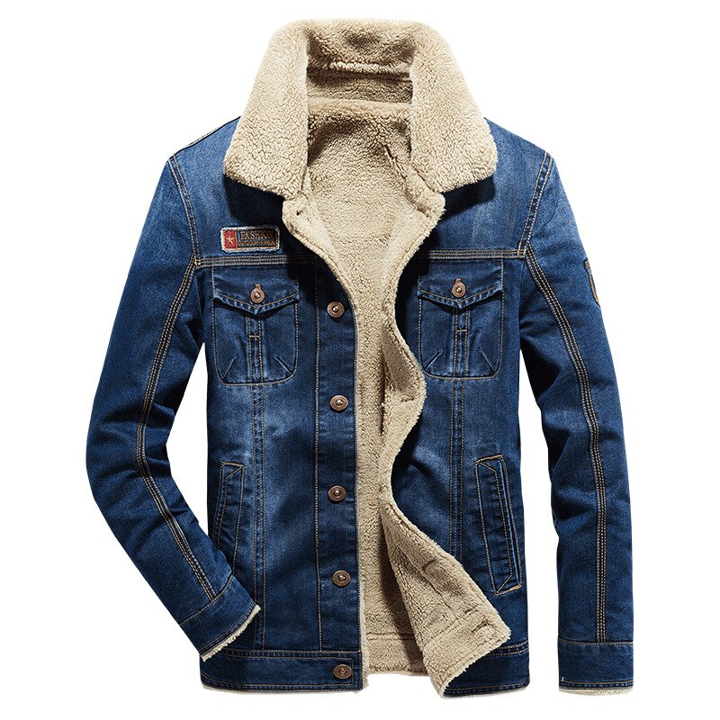 Herr vinter varm casual märke jeansjacka parkas herr höst vindtät fleece tjock kappa herr pälskrage herr jacka 5xl: Blå / L