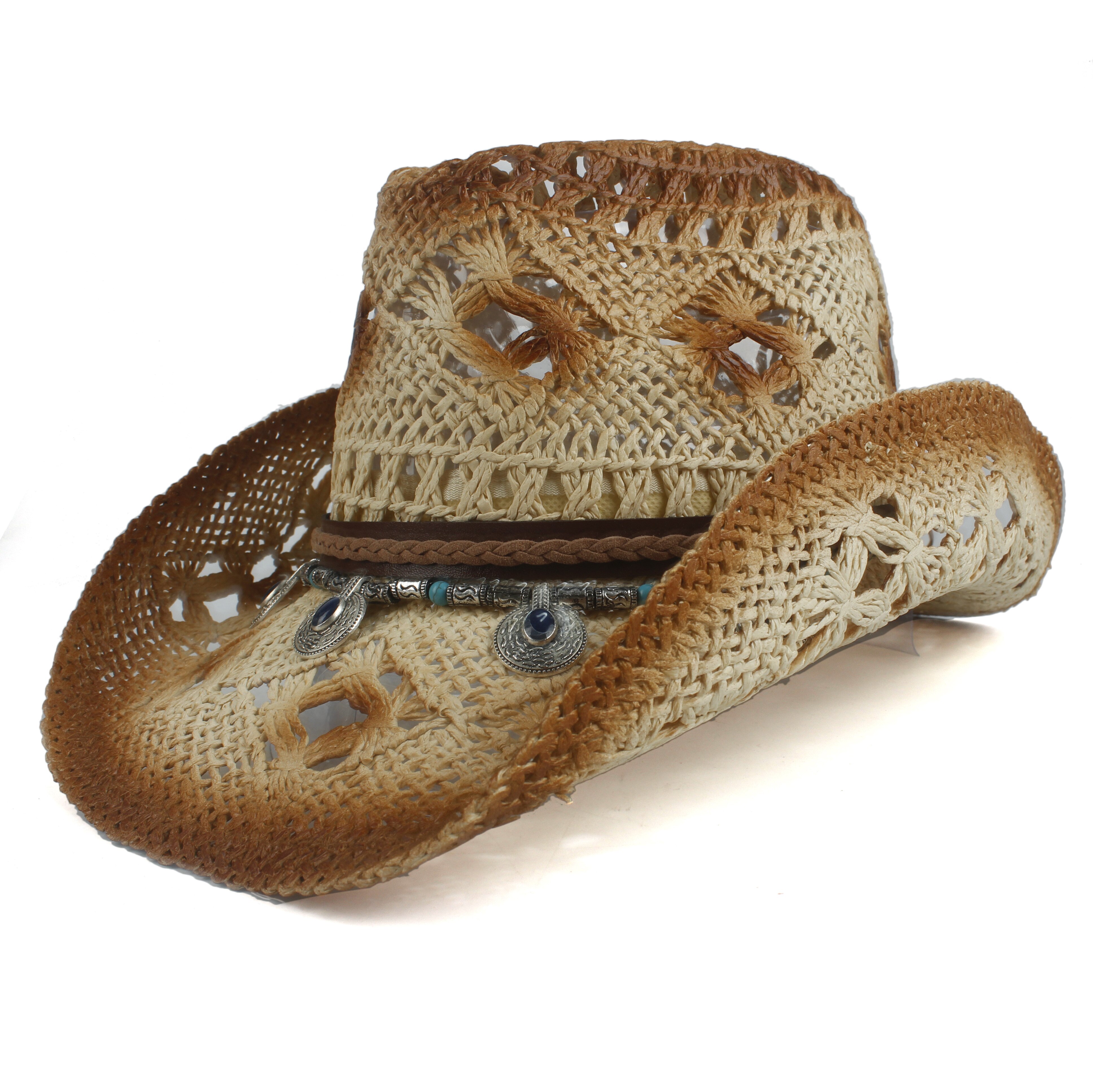 Retro kvinder halm hule vestlige cowboy hat dame roll up brim bohemia kvast sombrero hombre strand cowgirl jazz sol hat: Khaki