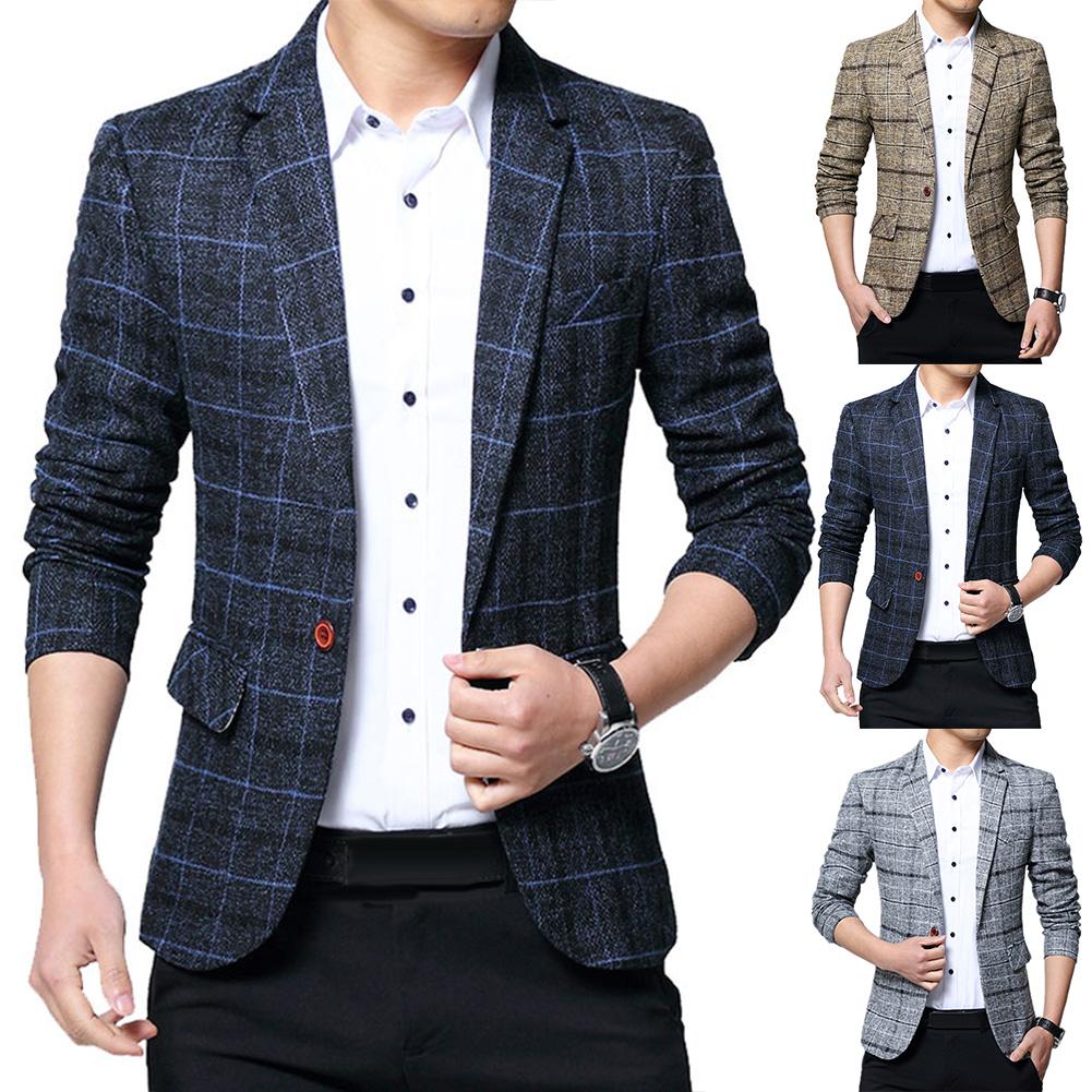 Mode Mannen Blazers Plaid Revers Slanke Blazer Jacket Coat Een Knop Pak Mannen Kleding Мужская Куртка