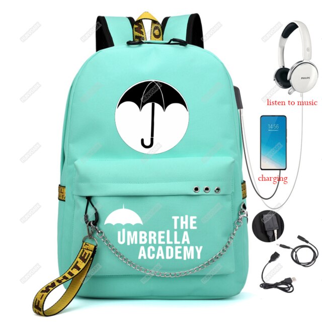 The Umbrella academy USB Backpack Women Men Teenager School Bag Women USB Travel Rucksack Large Mochila Escolar With Chain: Black-6