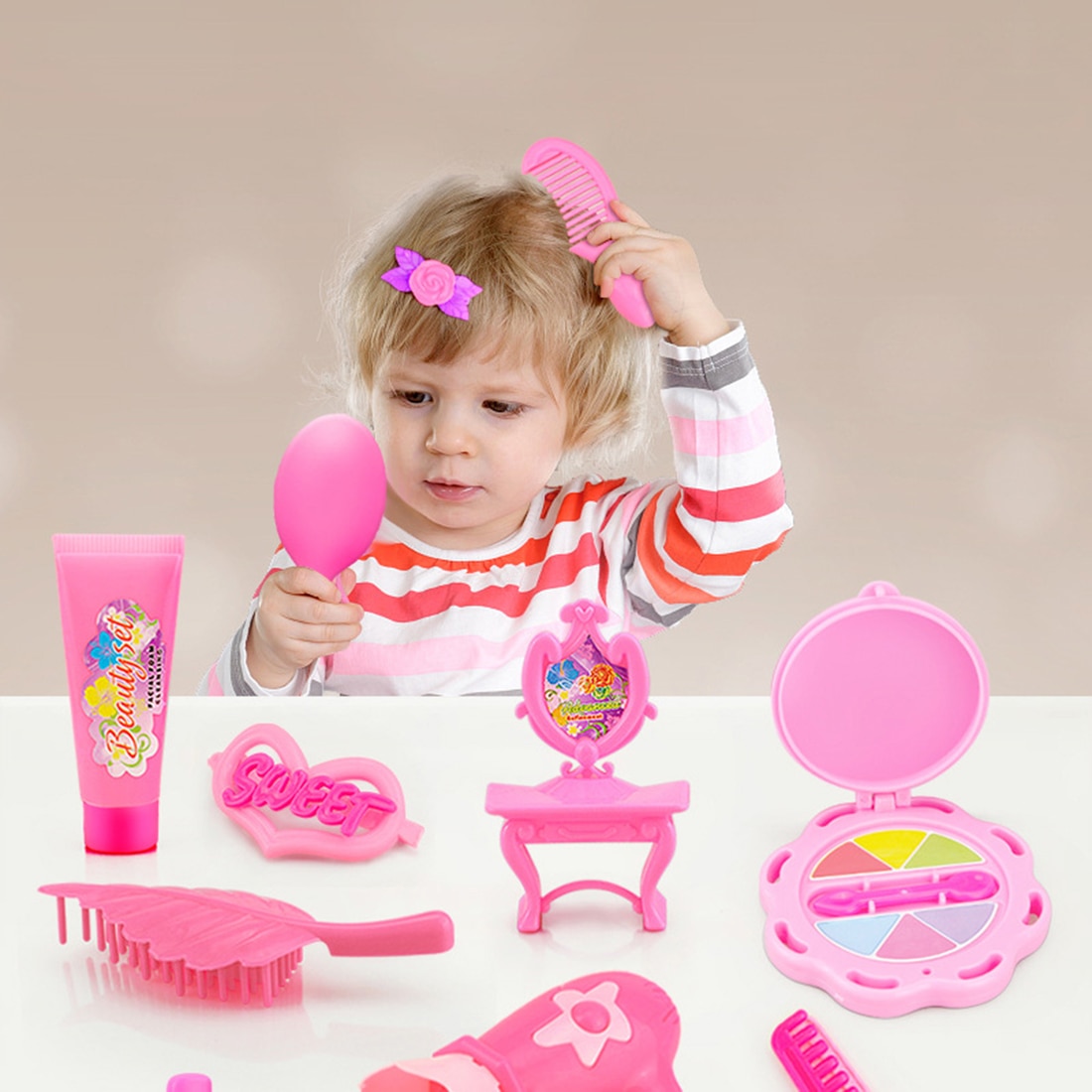 25Pcs Stylish Stylist Children Make Up Set Pretend Play Hair Beauty Toys With Storage Box Pretend Play Toys Girls Xmas -Red