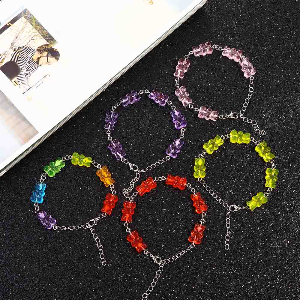 Süße Regenbogen Candy-farbige Bär Gummy Armband Handgemachte Edelstahl Kette Cartoon Anhänger Schmuck Party