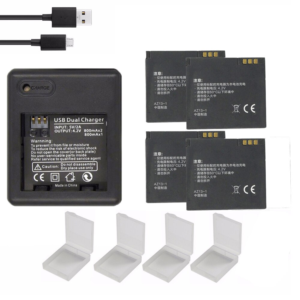 1010mAh AZ13-1Battery For Xiaomi Yi Action Camera Battery Rechargeable Replacement Bateria: 4x battery Charger