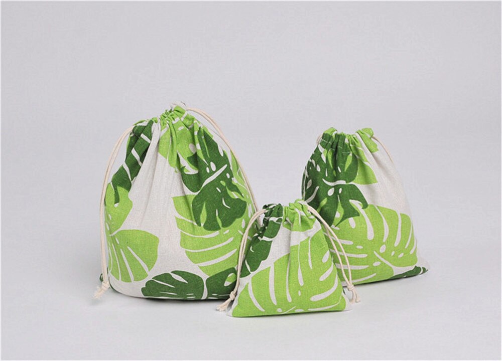 Yile katoenen linnen trekkoord georganiseerde tas feesttas print groot groen blad  ym16b: L 3224cm
