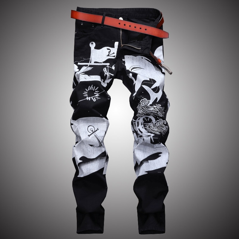 Print casual jeans bukser mænd slim fit denim bukser jean jogger mænd hip hop streetwear bukse tøj sort  wa108