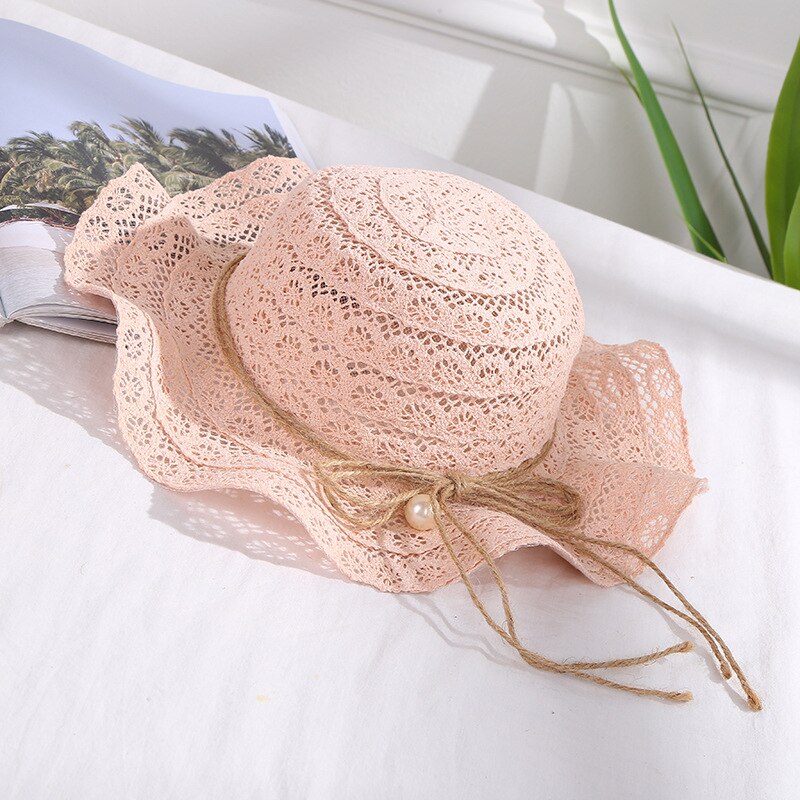 Zomer Baby Meisjes Bloemen Kant Golf Strand Emmer Hoed Kinderen Strand Caps Parel Opvouwbare Zonnescherm Hoed Casual Stro Caps 52 -54 Cm: Roze