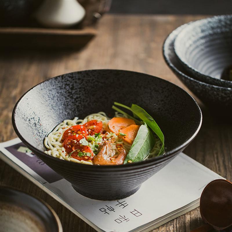 1pc Restaurant Ramen Bowl Simple Japanese Style Home Ceramic Bowl Japanese Style Threaded Ceramic Ramen Bowl