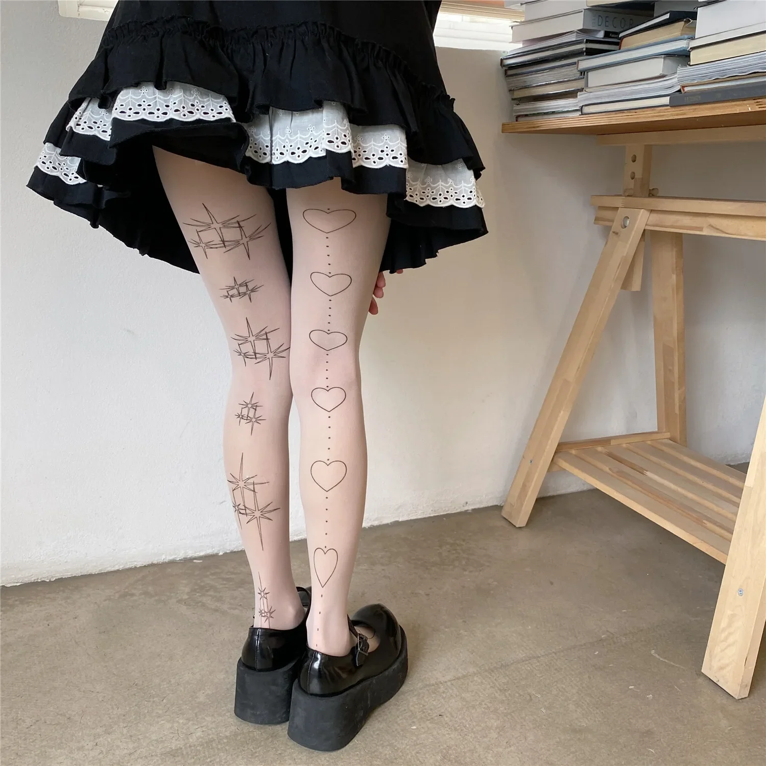 Star Heart Lolita Socks Tattoo Print Pantyhose Fishnet Stockings Kitty Cat Japanese JK Tights Gothic Cosplay Lace Black Tights