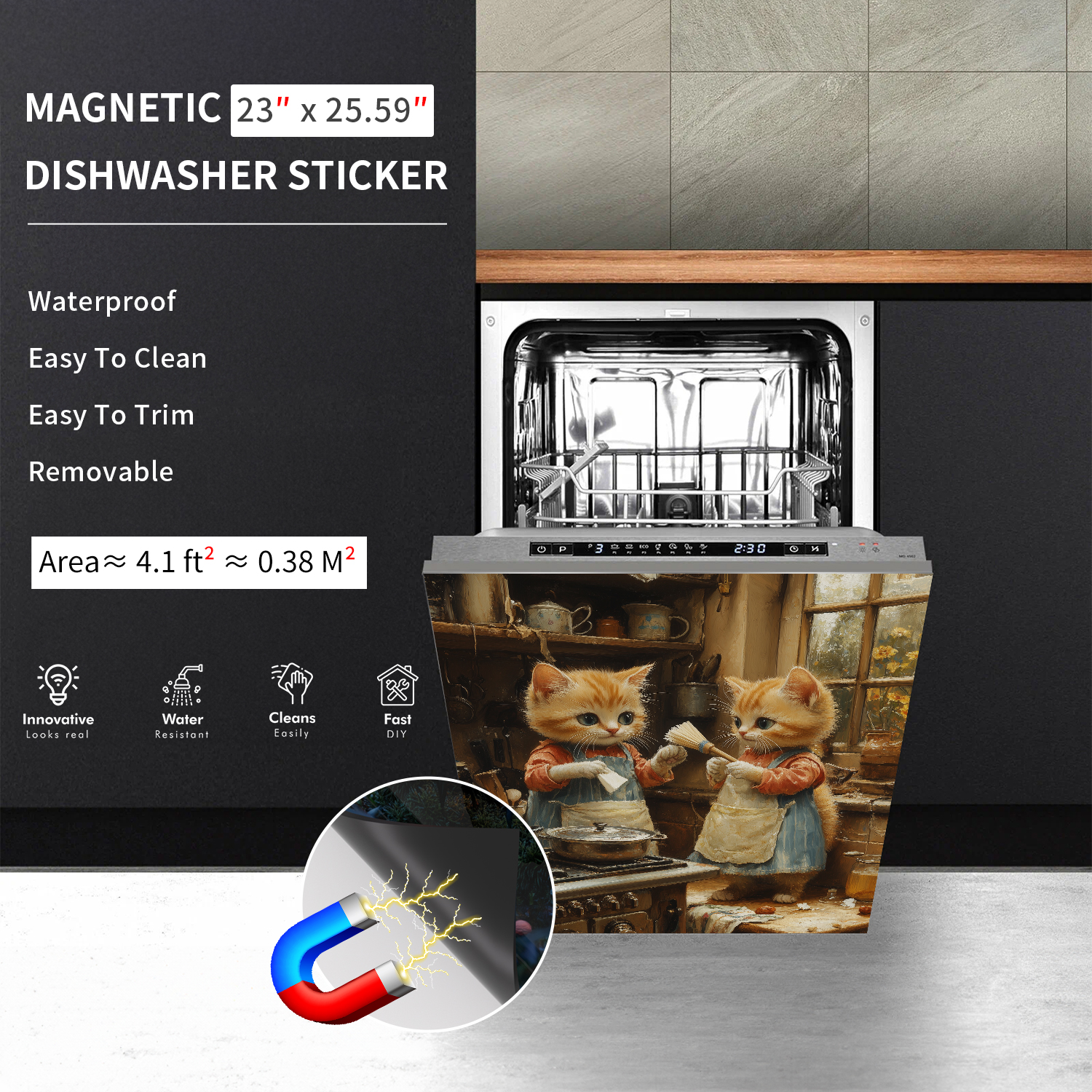 Leicht zu reinigende magnetische Geschirrspüler-Türabdeckung – kein Kleber erforderlich, perfekt für Küchendekoration und Edelstahlplatten, 23,03 x 25,59 Zoll
