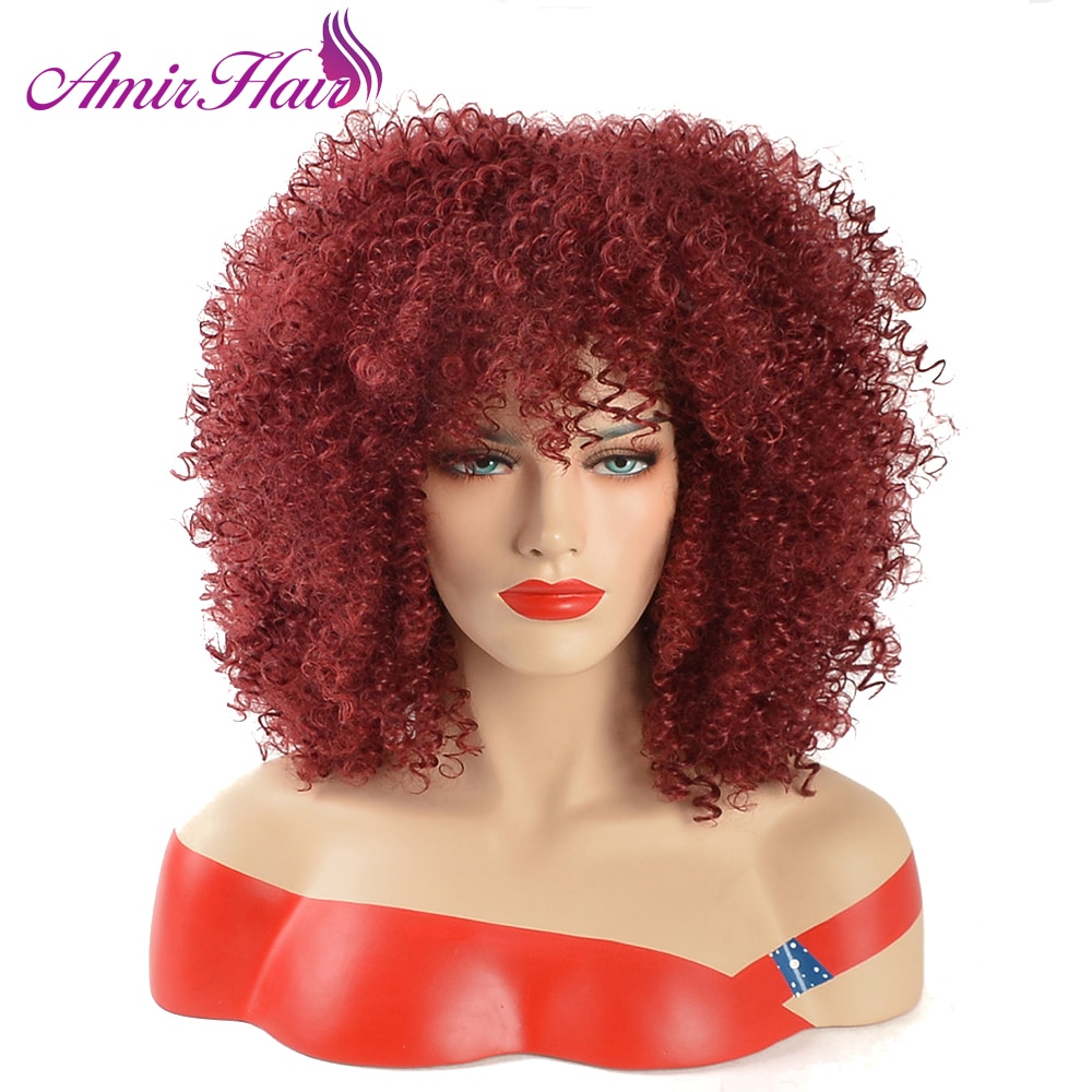 Synthetische Rode Afro Krullend Pruiken Voor Vrouwen Zwart Synthetisch Haar Pruik Met Pony Afro Kinky Krullend Pruik Cosplay Amir