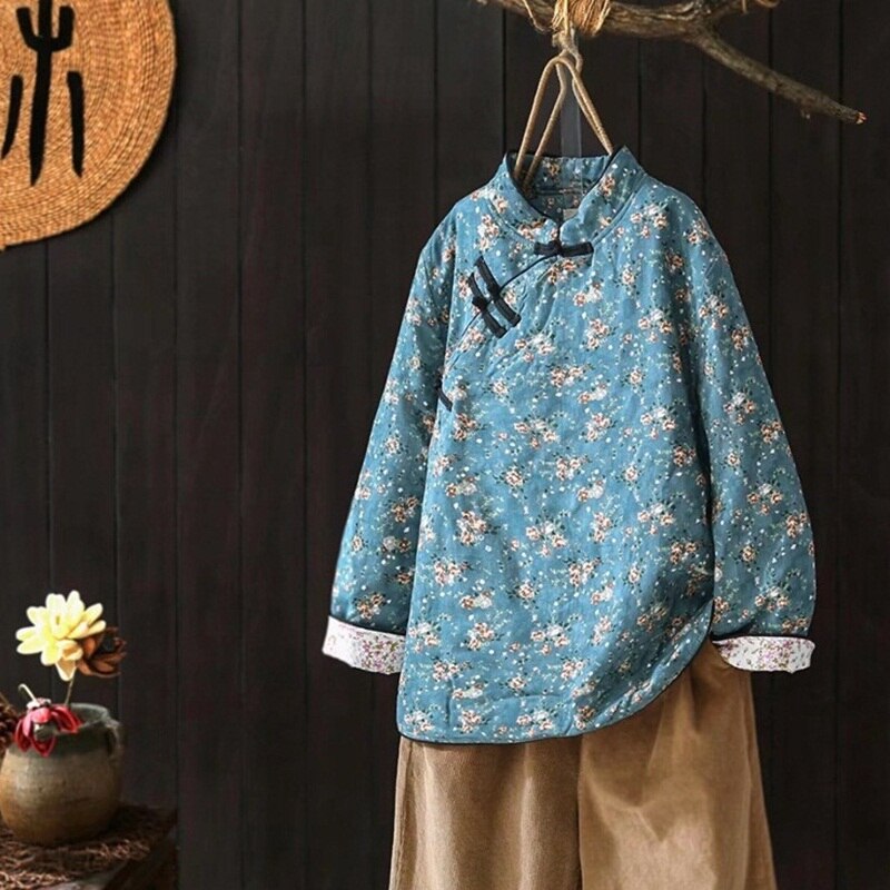 Herbst Winter Neue Chinesischen Stil Frauen Langarm Jahrgang Geschmack Baumwolle Gefütterte Mantel Baumwolle Leinen verlieren Warme Druck Jacke 31394
